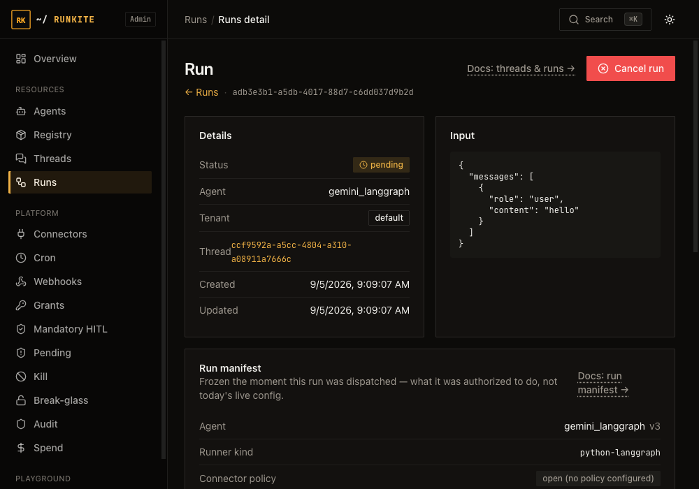 Runkite Admin Run detail page showing the Run manifest card
