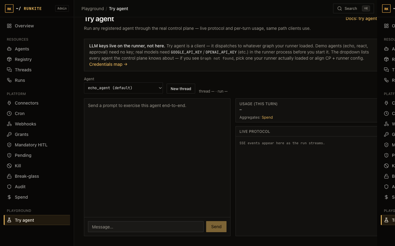 Runkite Admin Try agent playground